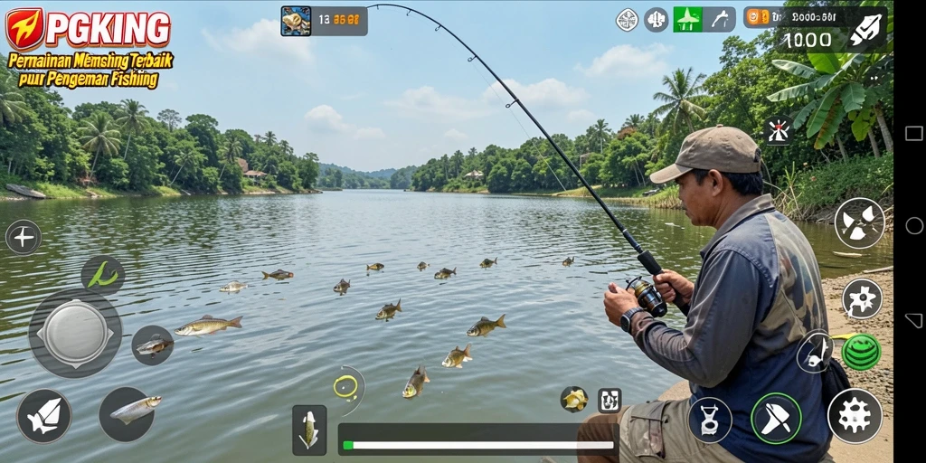 Tampilan gameplay PGKING yang memukau saat memancing di lokasi indah.